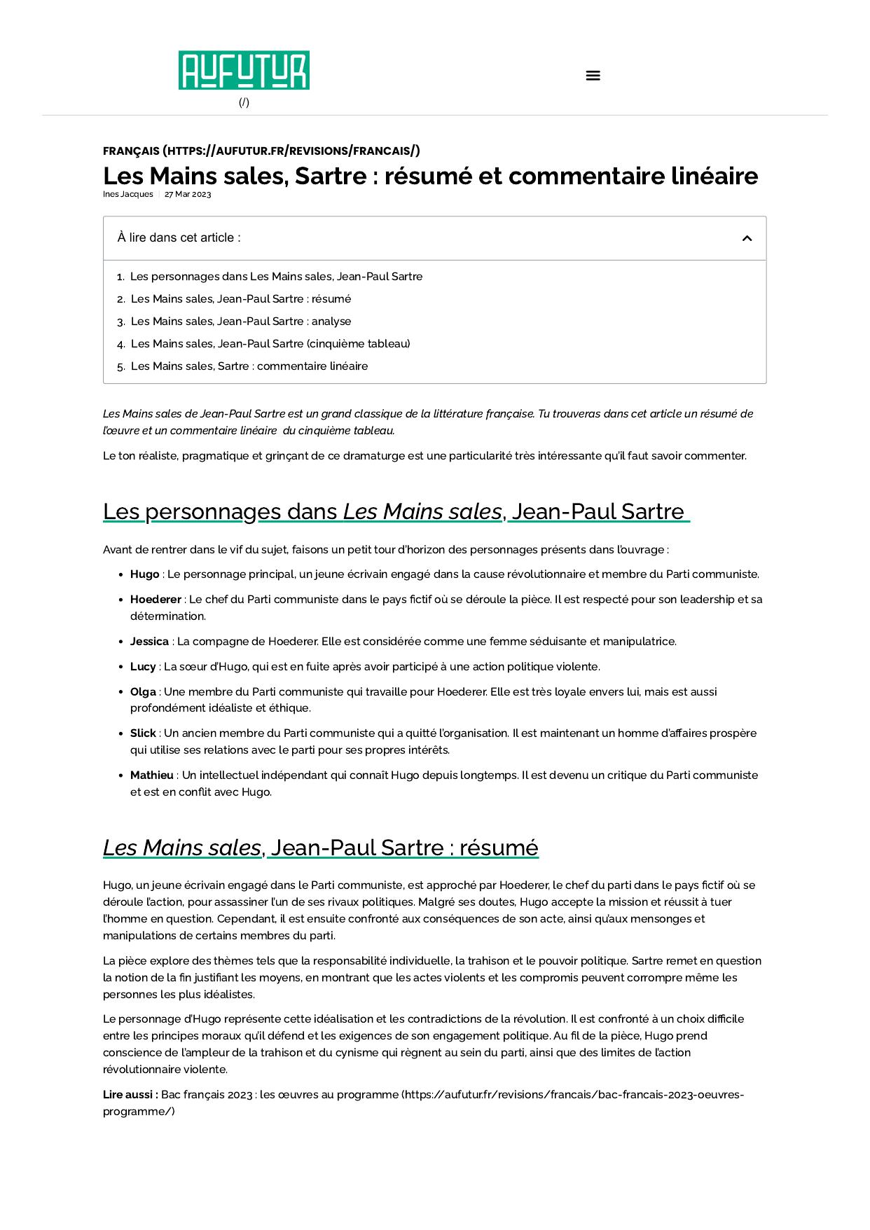Les Mains sales Sartre resume et commentaire lineaire AuFutur