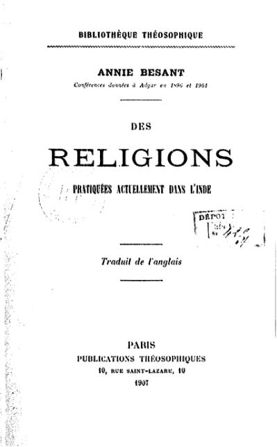Des religions pratiquées actuellement dans l’Inde - Annie Besant
