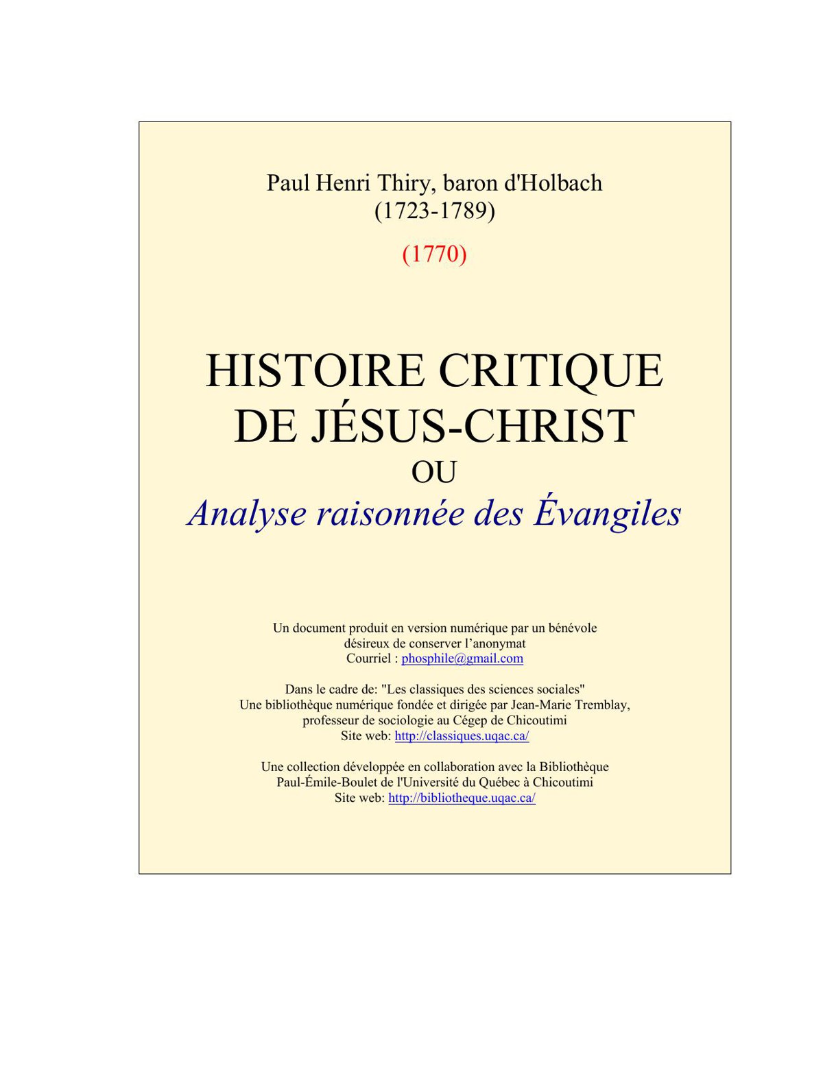 Histoire critique de Jsus-Christ ou analyse raisonne des vangiles