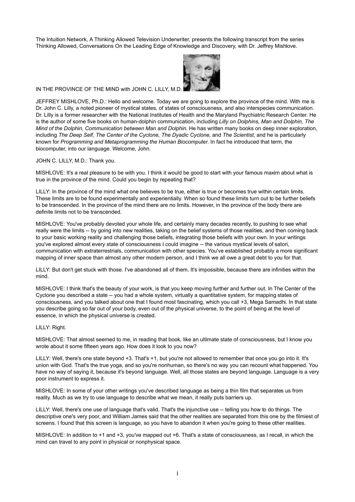 IN THE PROVINCE OF THE MIND with JOHN C. LILLY, M.D.