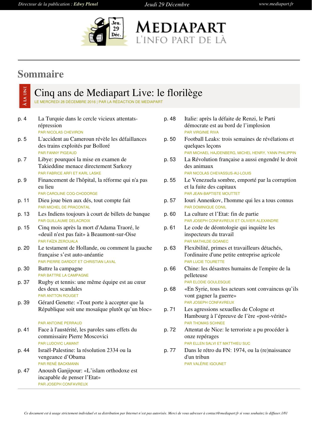 Une du Jeudi, 29 Décembre 2016