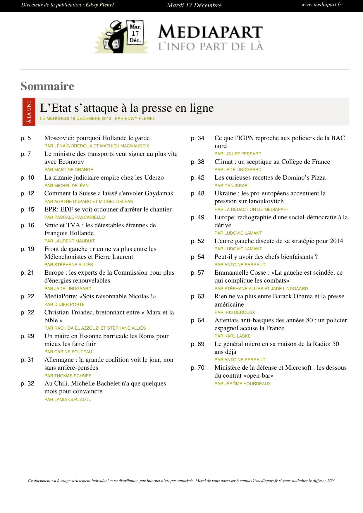 Une du Mardi, 17 Décembre 2013