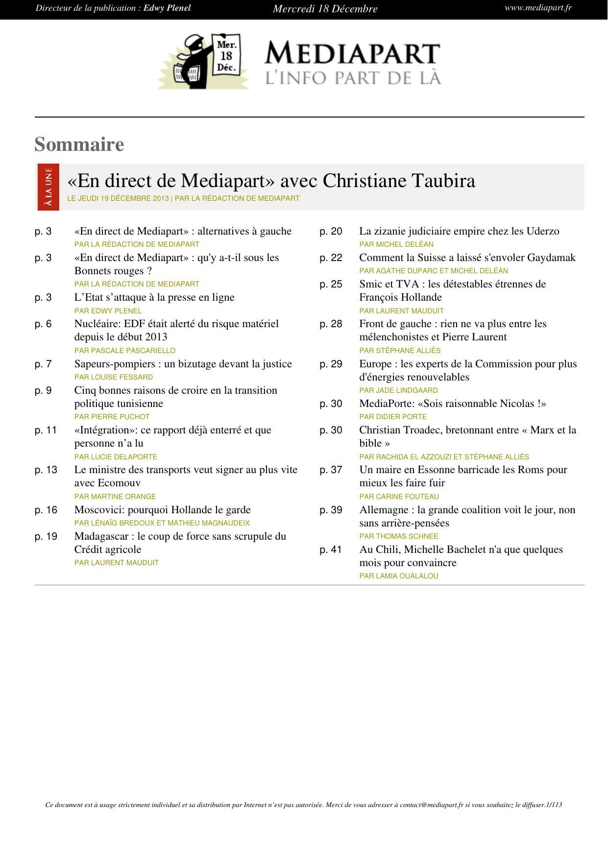 Une du Mercredi, 18 Décembre 2013