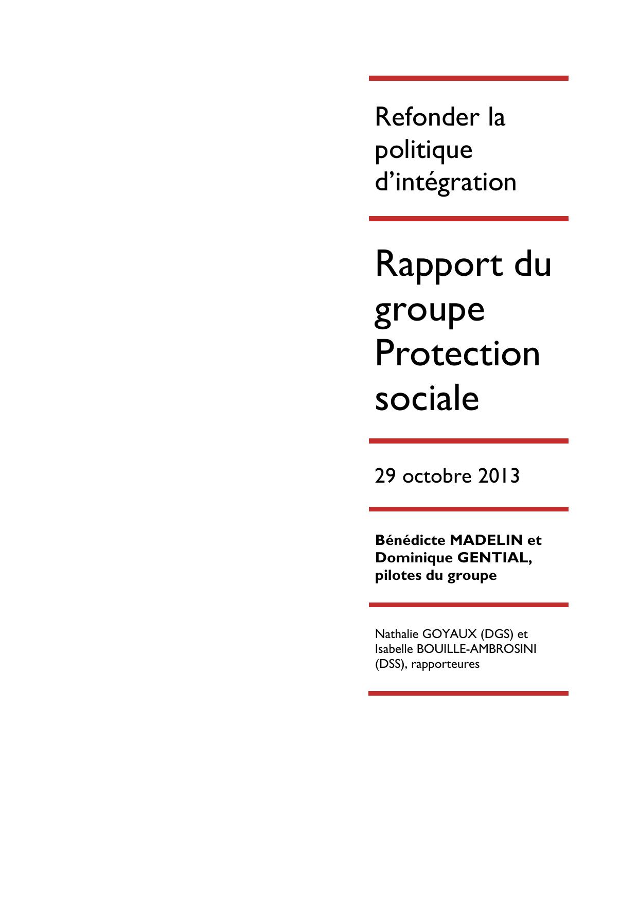 Refonder la politique d'intégration: rapport du groupe "Protection sociale"